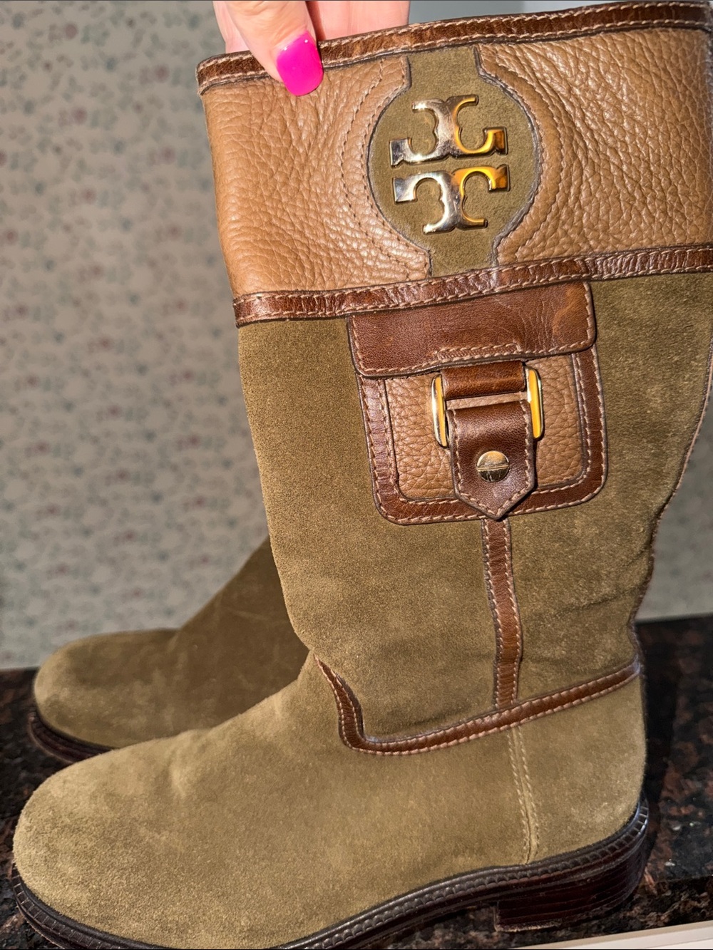 Tory Burch Olive Green Suede & Brown Leather women’s Boot with Logo